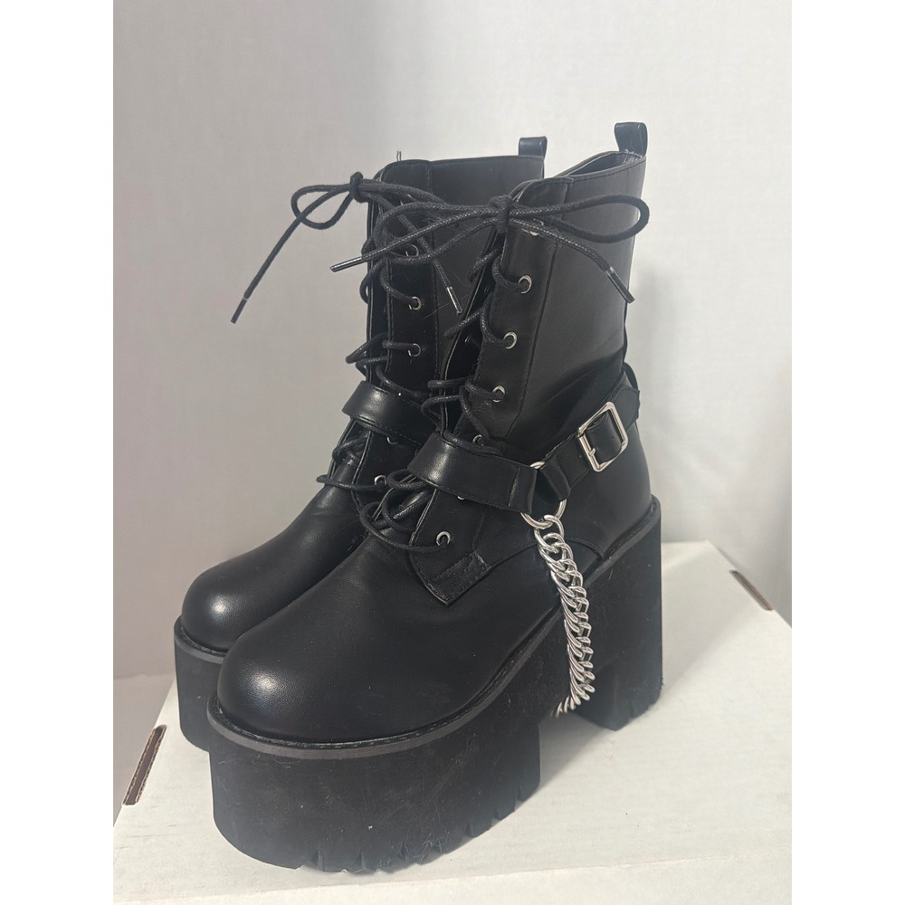 Black Platform Combat Boots with Buckle Strap and Chain Detail Size 8
